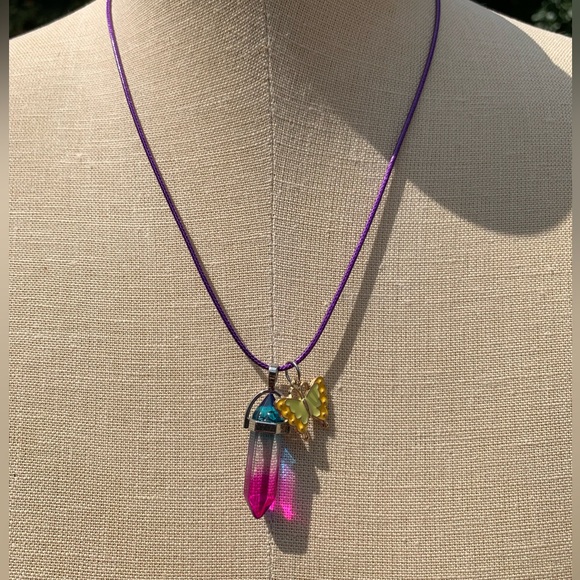 Handmade Cotton Candy Crystal Amulet Necklace & Enamel Butterfly Charm - Picture 7 of 8